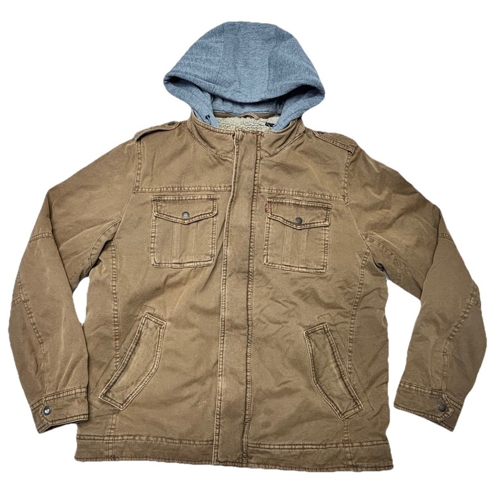 Levis Sherpa Lined Work Jacket Mens L Brown Canvas Hooded‎ Removable Liner